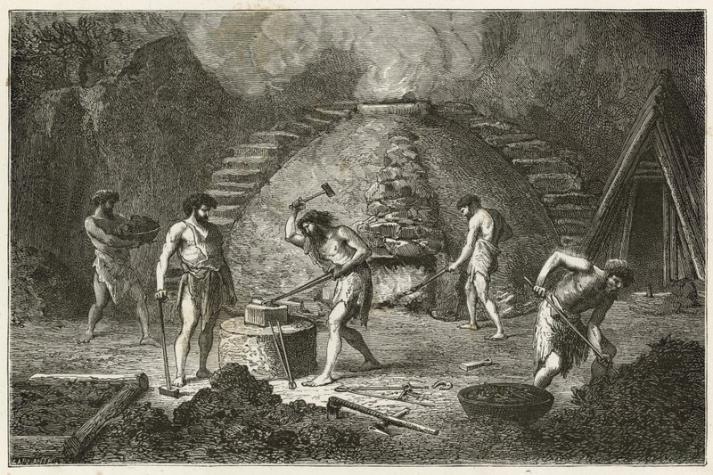 De primitieve oven voor ijzerwinning door Emile Antoine Bayard