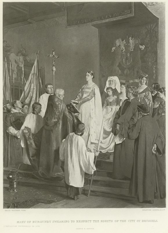 Maria van Bourgondië zweert de rechten van de Stad Brussel te respecteren door Emile Charles Wauters