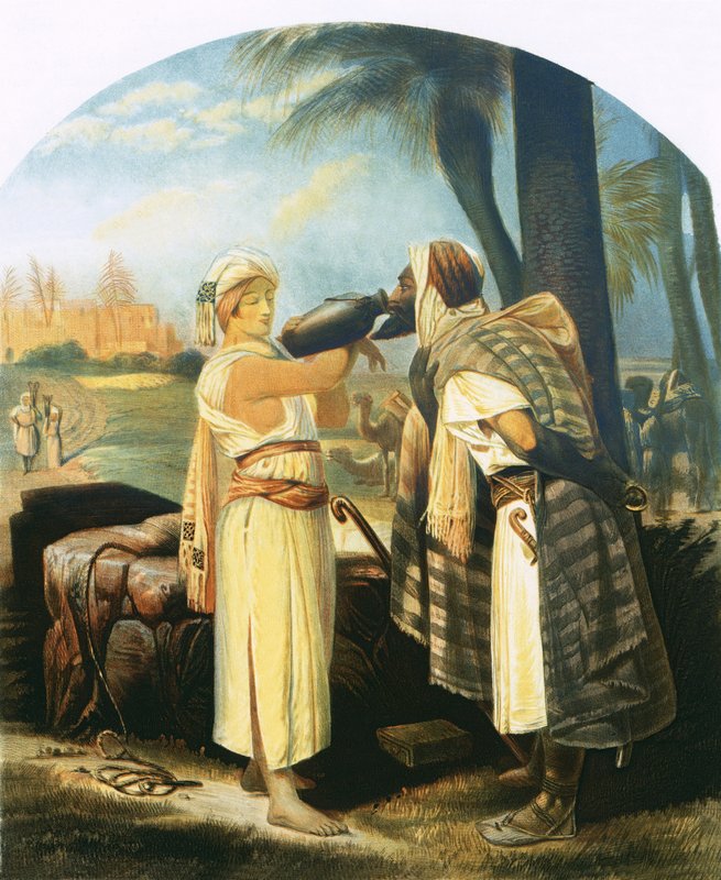 Rebekka geeft de dienaar een drankje door Emile Jean Horace Vernet