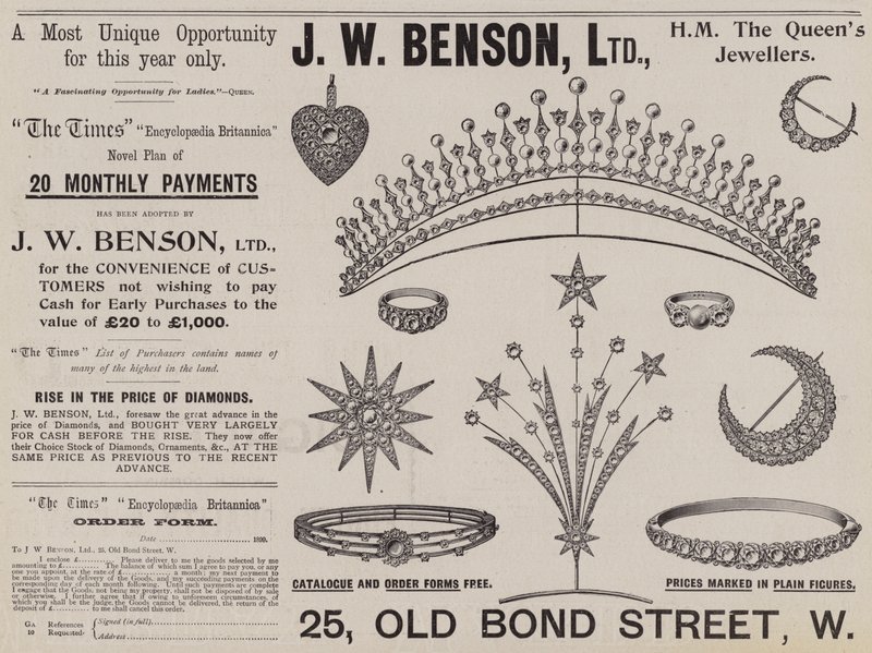Advertentie, J W Benson door English School