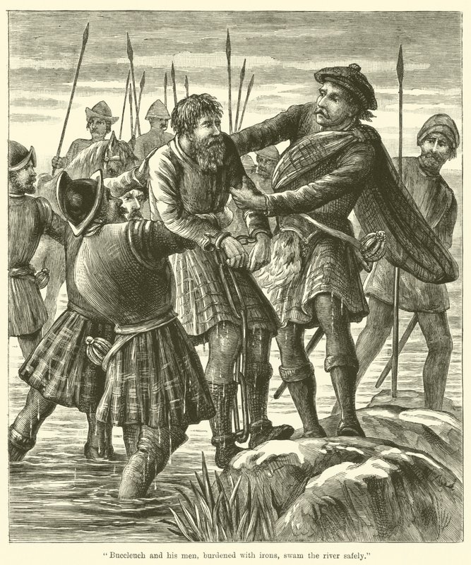 Buccleuch en zijn mannen, beladen met ijzers, zwommen veilig de rivier over door English School