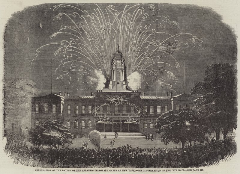 Viering van de aanleg van de Atlantische telegraafkabel in New York, de verlichting van het stadhuis door English School