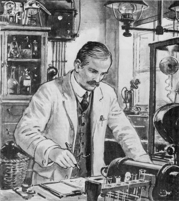 Ernest Rutherford, aan het werk in zijn laboratorium in Cambridge door English School
