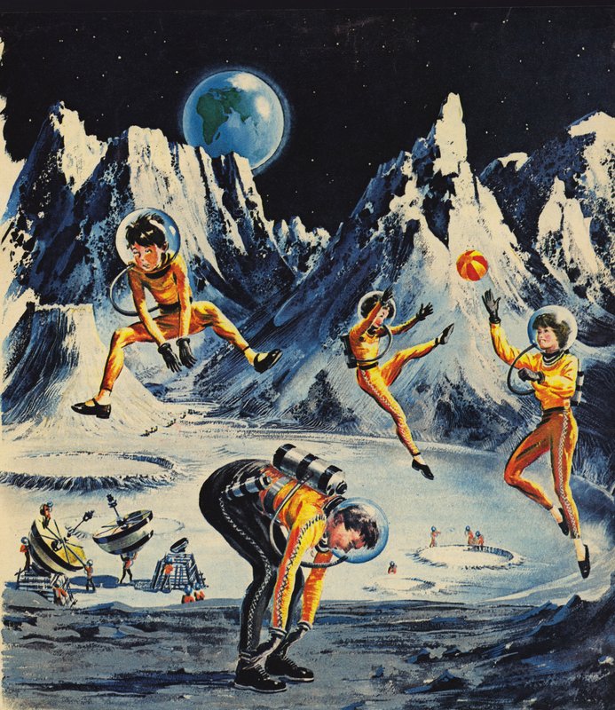 Familie die op de maan speelt, zoals voorgesteld in de jaren 1960 door English School