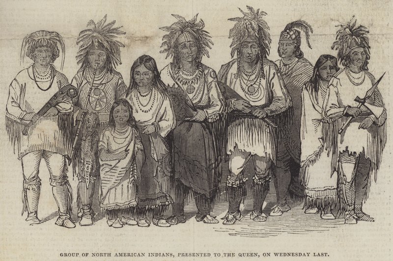 Groep Noord-Amerikaanse Indianen, gepresenteerd aan de Koningin, afgelopen woensdag door English School