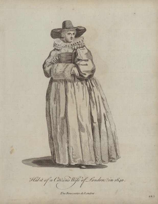 Kleding van een burgerlijke vrouw uit Londen in 1640 door English School
