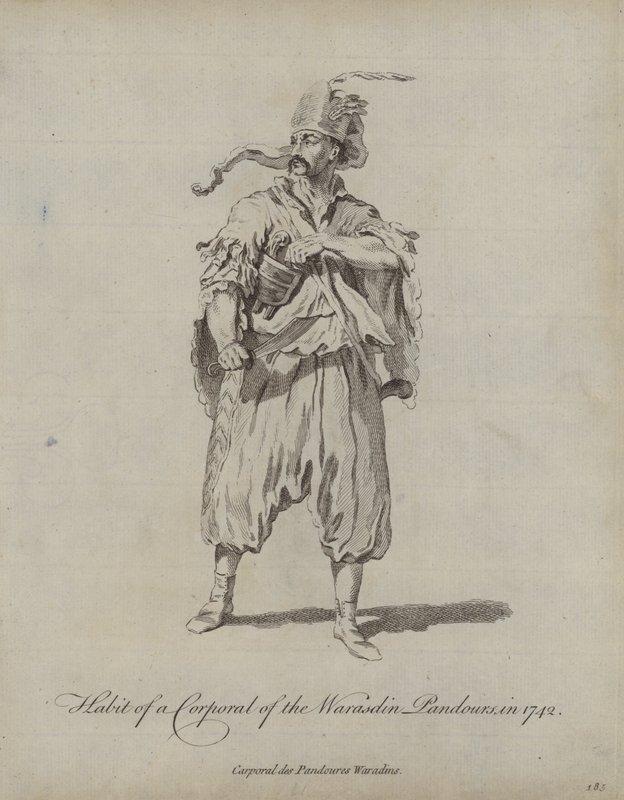 Kostuum van een korporaal van de Warasdin Pandours in 1742 door English School