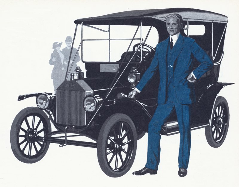 Henry Ford met het beroemde Model T dat de naam en het fortuin van Ford maakte door English School