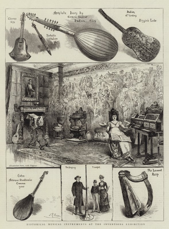 Historische muziekinstrumenten op de uitvindingen tentoonstelling door English School