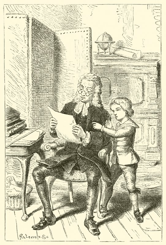 Joshua Reynolds, de jongen, toont de tekening van de school van zijn vader door English School