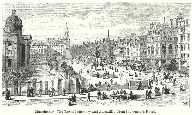 Manchester? Het Koninklijk Ziekenhuis en Piccadilly, vanaf het Queens Hotel door English School