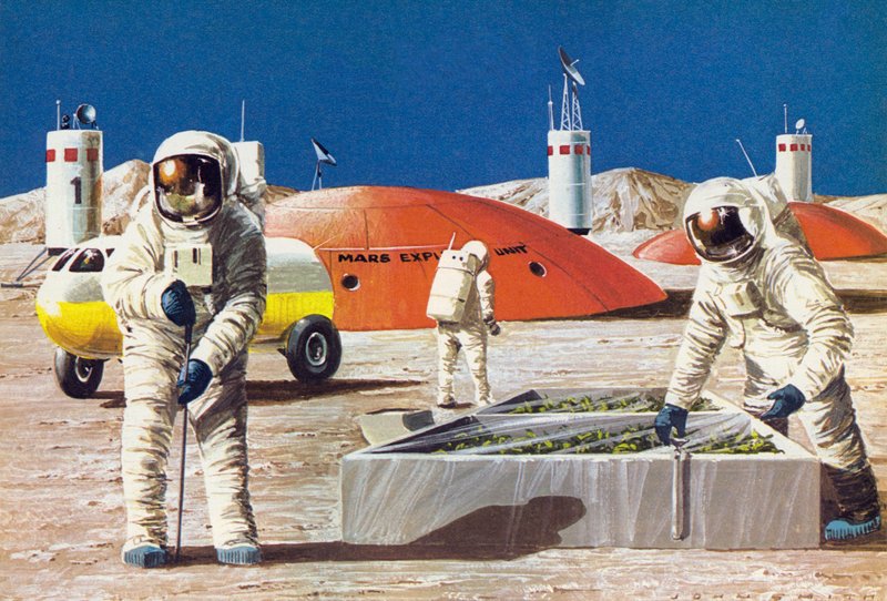 Mensen werken op de planeet Mars, zoals voorgesteld in de jaren 1970 door English School