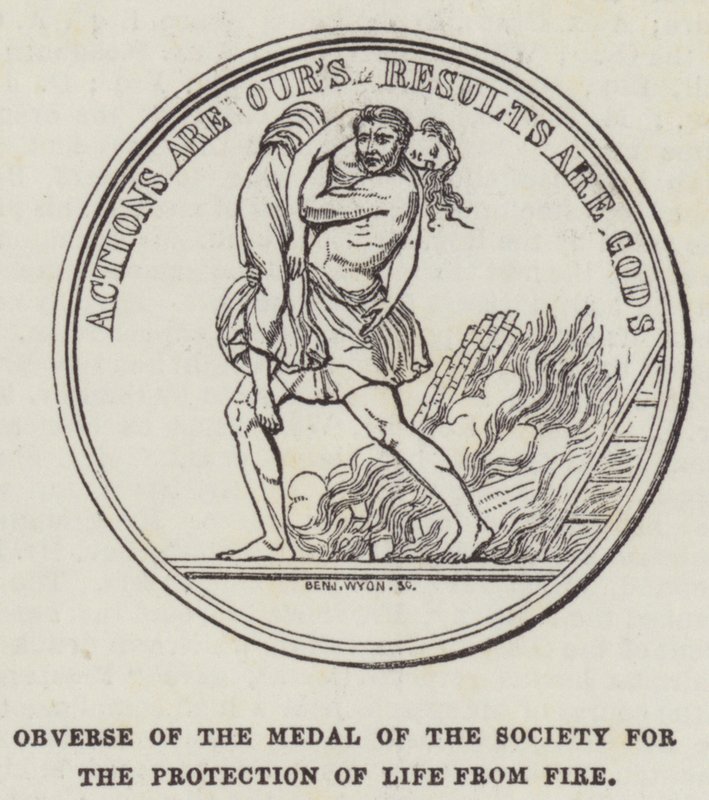 Voorzijde van de medaille van de Society for the Protection of Life from Fire door English School