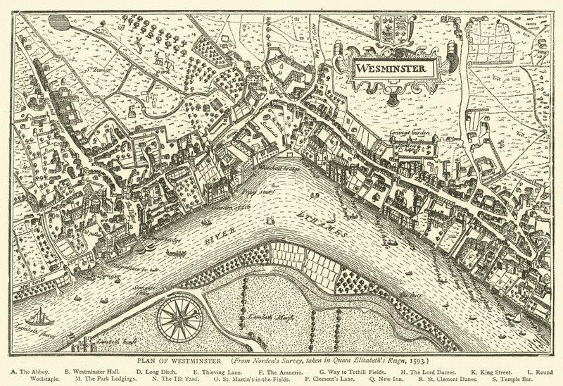 Plan van Westminster, uit Nordens onderzoek, genomen in het Regeer van Koningin Elizabeth, 1593 door English School