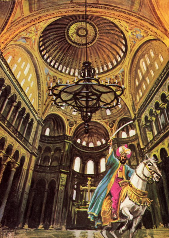 Sultan Mehmed rijdt zijn paard de grote kerk van Hagia Sophia binnen door English School