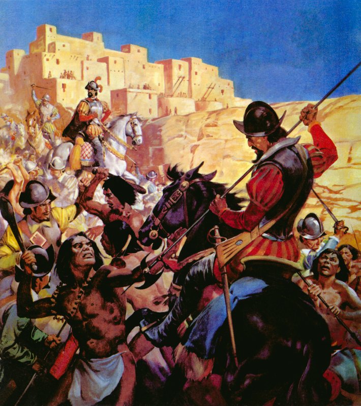 De Pueblo-indianen van Noord-Arizona aangevallen door Spaanse conquistadores door English School