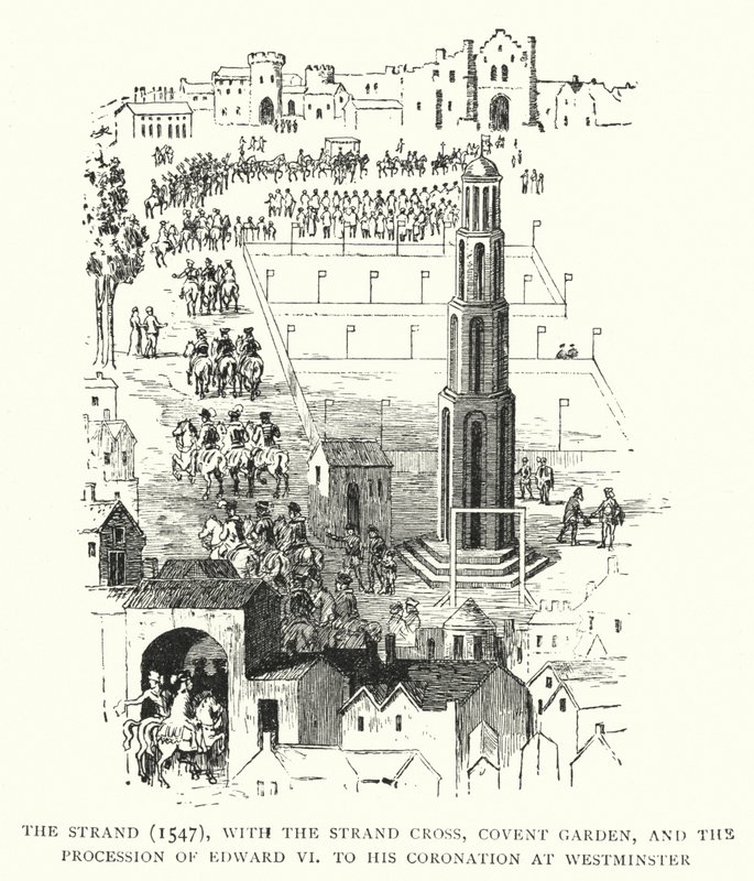 The Strand, 1547, met het Strand Cross, Covent Garden, en de Processie van Edward VI naar Zijn Kroning in Westminster door English School