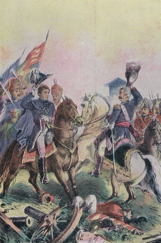 De ontmoeting van de Hertog van Wellington en Veldmaarschalk Blucher na de Slag bij Waterloo, 1815 door English School