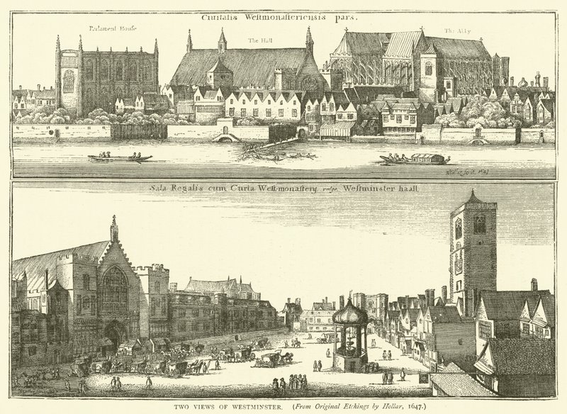 Twee uitzichten op Westminster, uit originele etsen van Hollar, 1647 door English School