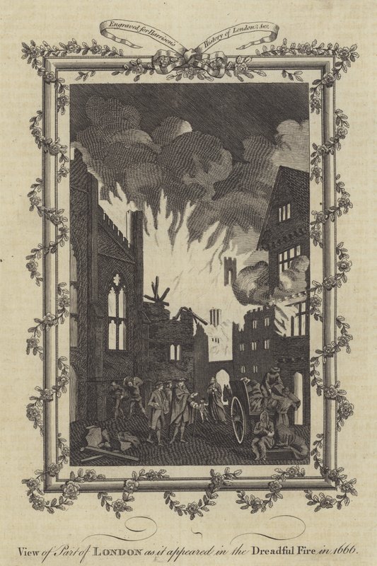 Gezicht op een deel van Londen zoals het verscheen tijdens de verschrikkelijke brand in 1666 door English School