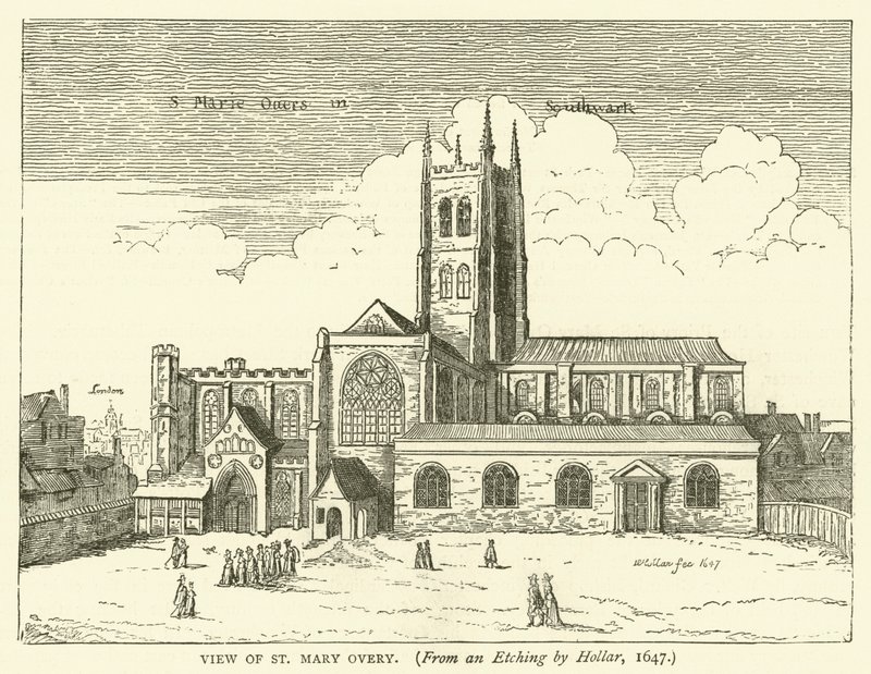 Uitzicht op St Mary Overy, uit een ets van Hollar, 1647 door English School