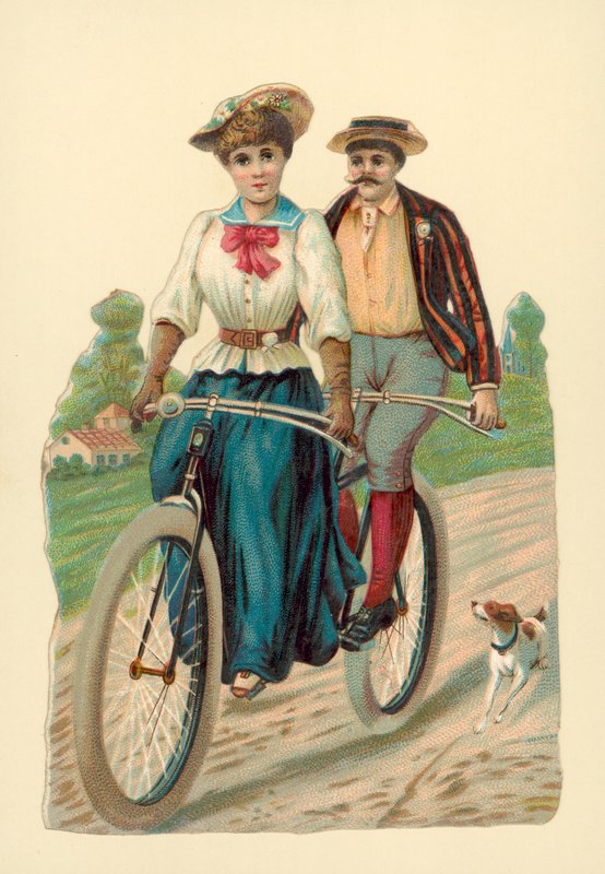 Vrouw en man rijden op een tandem door English School