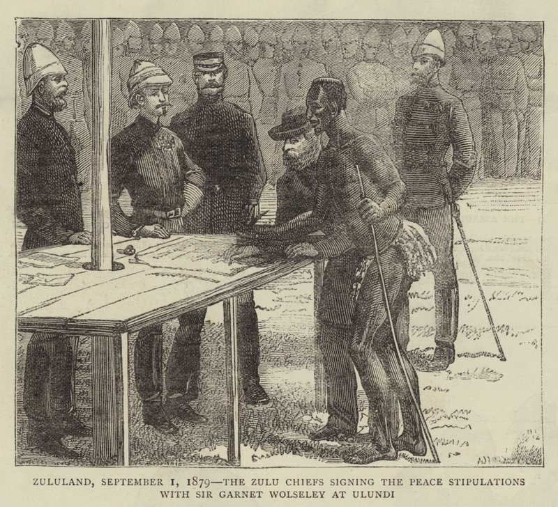 Zululand, 1 september 1879, de Zulu-hoofden ondertekenen de vredesvoorwaarden met Sir Garnet Wolseley in Ulundi door English School