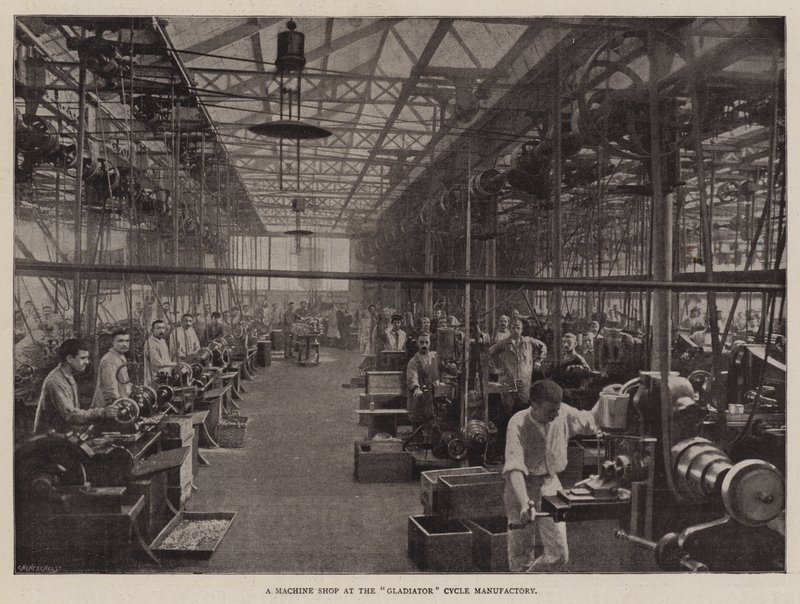 Een machinewerkplaats bij de Gladiator Cycle fabriek door English Photographer
