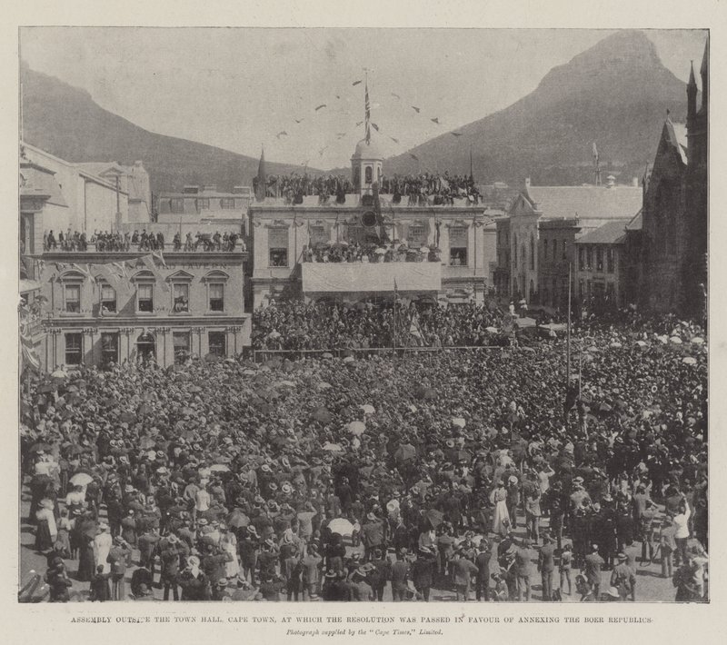 Vergadering buiten het stadhuis van Kaapstad, waar de resolutie werd aangenomen ten gunste van de annexatie van de Boerenrepublieken door English Photographer