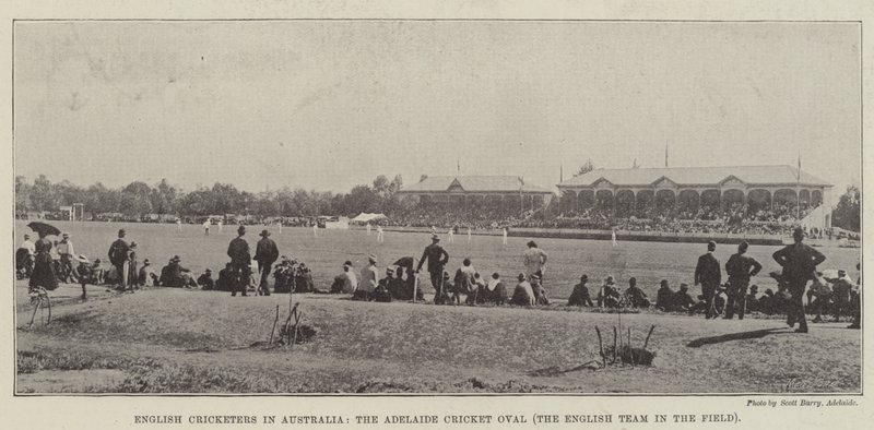 Engelse cricketspelers in Australië, het Adelaide Cricket Oval, het Engelse team in het veld door English Photographer
