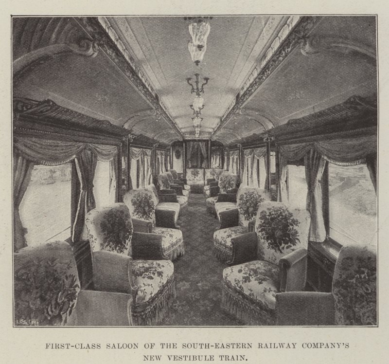 Eerste klas salon van de nieuwe vestibuletrein van de South-Eastern Railway Company door English Photographer