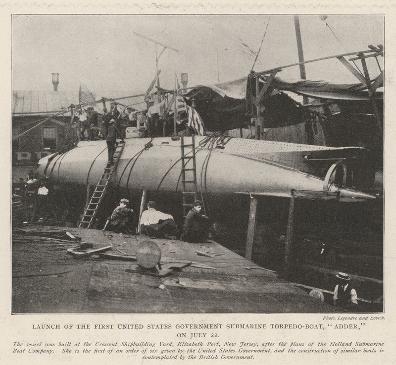 Te Water Laten van de Eerste Amerikaanse Regerings Onderzeeër Torpedoboot, Adder, op 22 juli door English Photographer