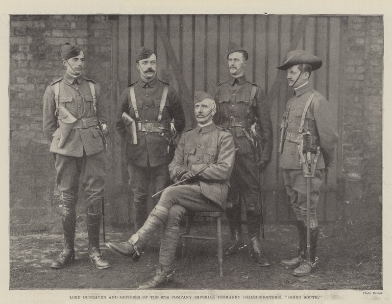Lord Dunraven en officieren van de 67e Compagnie Imperial Yeomanry (Scherpschutters), op weg naar het zuiden door English Photographer