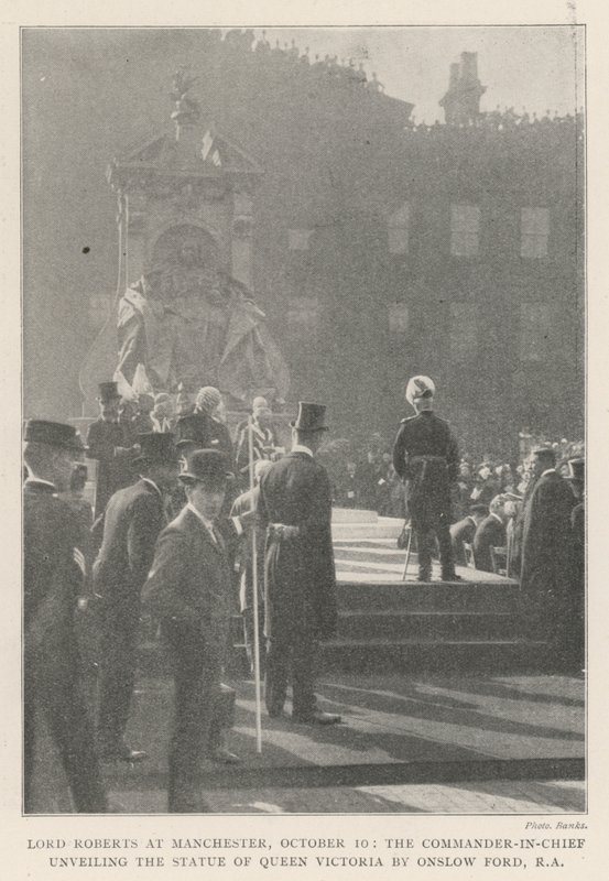 Lord Roberts in Manchester, 10 oktober, de opperbevelhebber onthult het standbeeld van koningin Victoria door Onslow Ford, RA door English Photographer