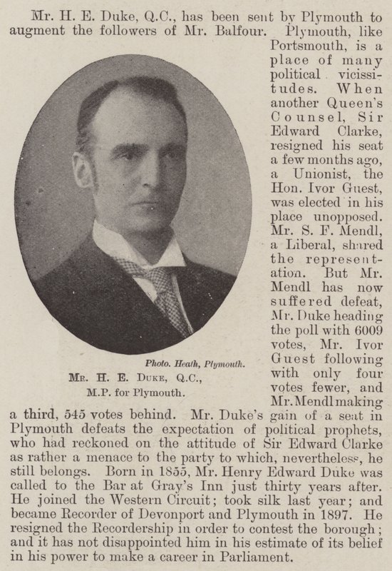 De heer H E Duke, QC, MP voor Plymouth door English Photographer
