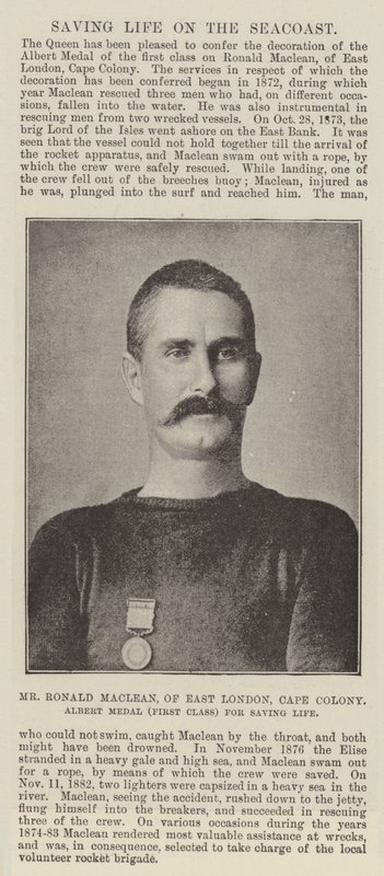 De heer Ronald Maclean, van Oost-Londen, Kaapkolonie, Albert Medaille (Eerste Klasse) voor het redden van levens door English Photographer
