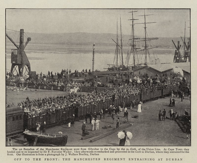 Op naar het front, het Manchester Regiment dat in Durban aan boord gaat door English Photographer