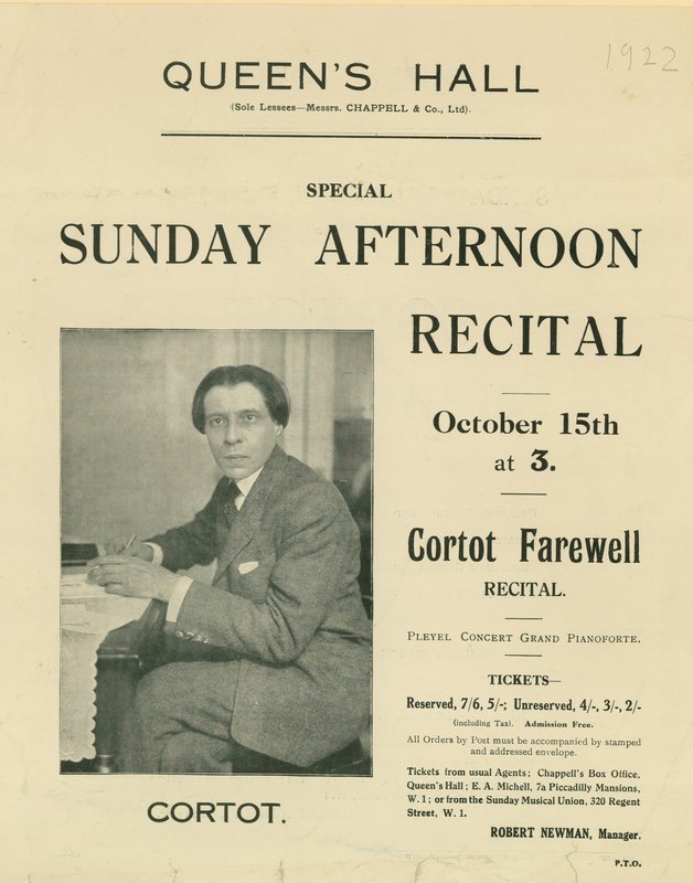 Programma voor Cortot Afscheidsrecital door English Photographer