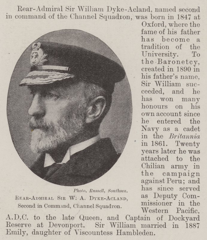 Vice-admiraal Sir W A Dyke-Acland, tweede in bevel, Channel Squadron door English Photographer
