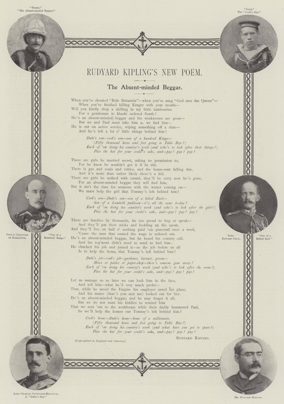 Rudyard Kiplings nieuw gedicht, The Absent-minded Beggar door English Photographer