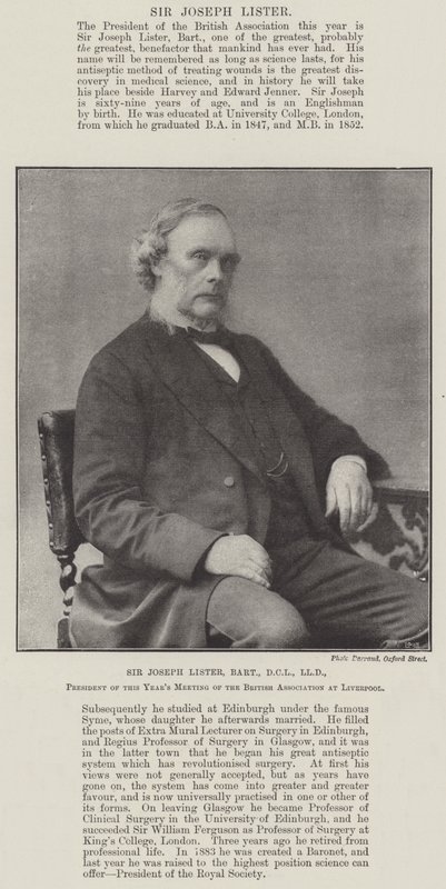 Sir Joseph Lister, Baronet, DCL, LLD, voorzitter van de jaarlijkse bijeenkomst van de British Association in Liverpool door English Photographer