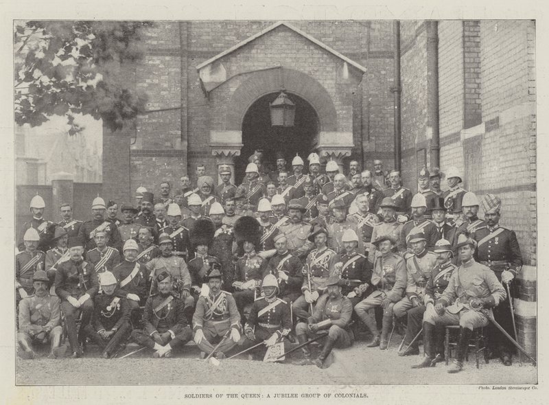Soldaten van de koningin, een jubileumgroep van kolonialen door English Photographer