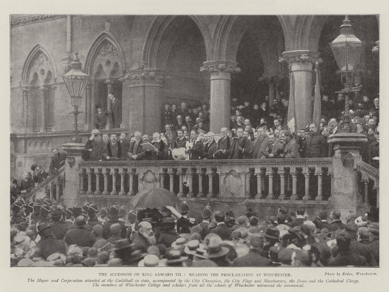 De Troonsbestijging van Koning Edward VII, het voorlezen van de Proclamatie in Winchester door English Photographer