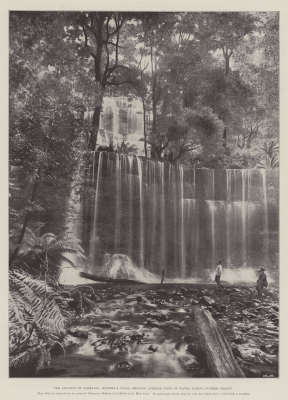 De vooruitgang van Tasmanië, Russells Falls, met gemiddelde waterstroom tijdens het zomerseizoen door English Photographer