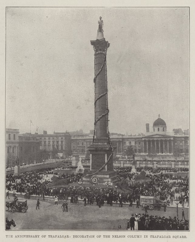 De verjaardag van Trafalgar, decoratie van de Nelson-zuil op Trafalgar Square door English Photographer