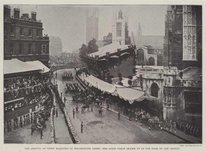 De Aankomst van Hunne Majesteiten bij Westminster Abbey, de Staatskoets bij de Deur van de Annexe door English Photographer