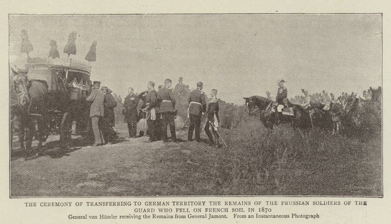 De ceremonie van overdracht aan Duits grondgebied van de overblijfselen van de Pruisische soldaten van de Garde die in 1870 op Franse bodem vielen door English Photographer