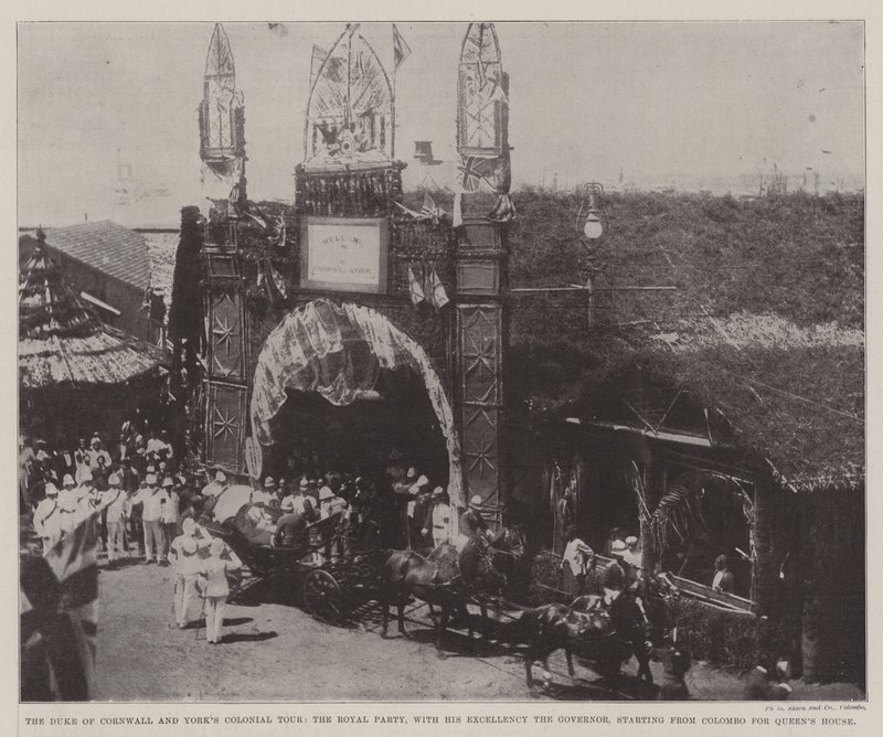 De koloniale tour van de hertog van Cornwall en York, het koninklijke gezelschap, met Zijne Excellentie de Gouverneur, vertrekkend van Colombo naar Queens House door English Photographer