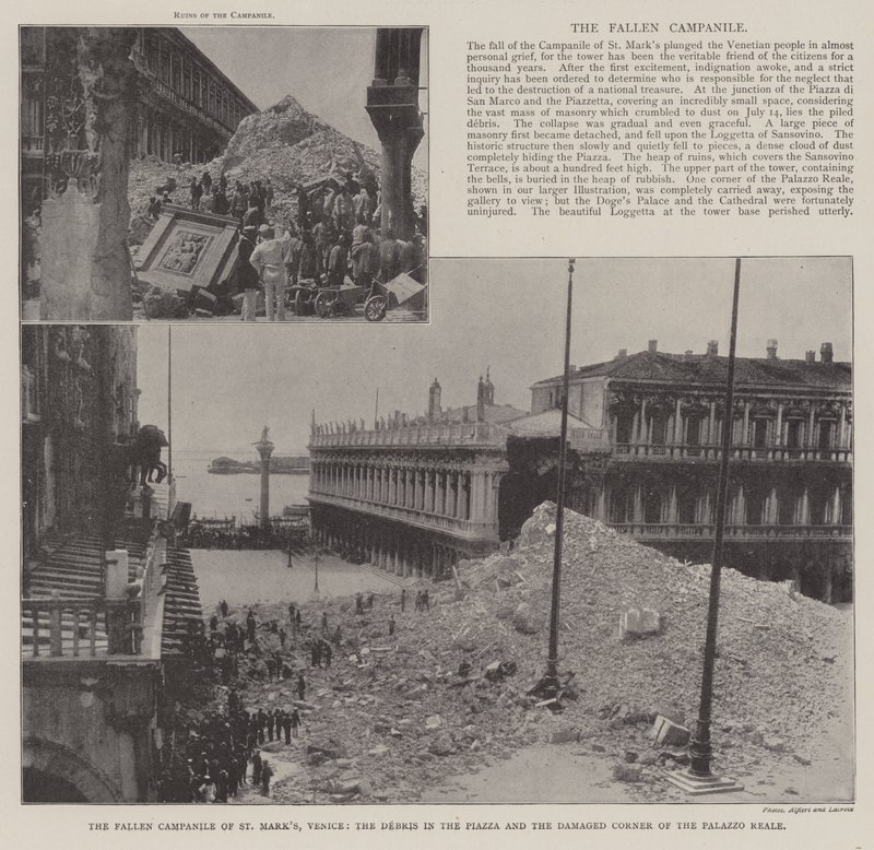 De gevallen Campanile van St. Marks, Venetië, het puin op het plein en de beschadigde hoek van het Palazzo Reale door English Photographer