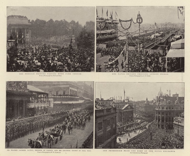 De Buitenlandse Prinsen die Hyde Park Corner Passeren, Sir Wilfrid Laurier, GCMG, Premier van Canada, en Koloniale Begeleiding in Pall Mall, de Marinebrigade die de London Bridge Oversteekt, de Processie vanaf het Dak van de door English Photographer